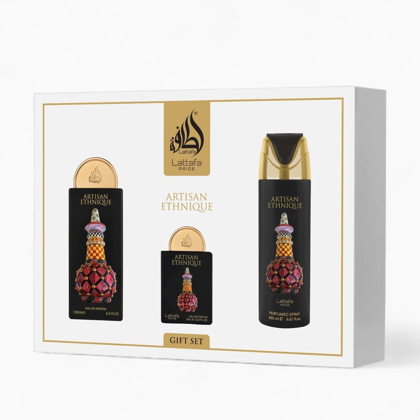 Coffret Cadeau Artisan Ethnique Eau de Parfum 3 Pièces – Lattafa Pride