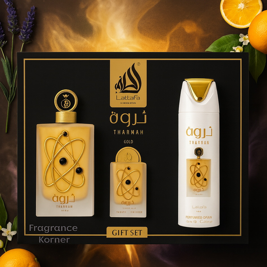 Coffret Cadeau Tharwah Gold – Lattafa Pride | Eau de Parfum 3 Pièces
