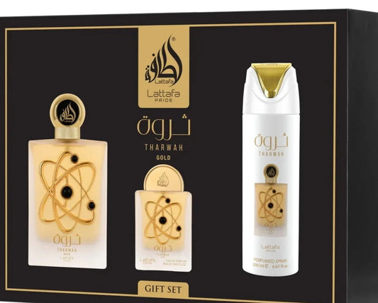 Coffret Cadeau Tharwah Gold – Lattafa Pride | Eau de Parfum 3 Pièces